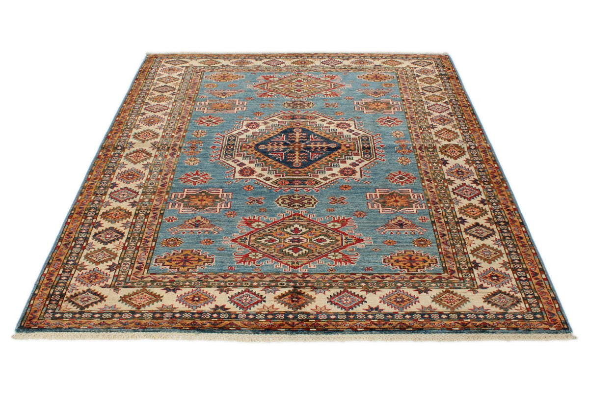5x7 Blue and Ivory Kazak Tribal Rug