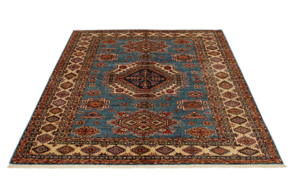 5x7 Blue and Ivory Kazak Tribal Rug