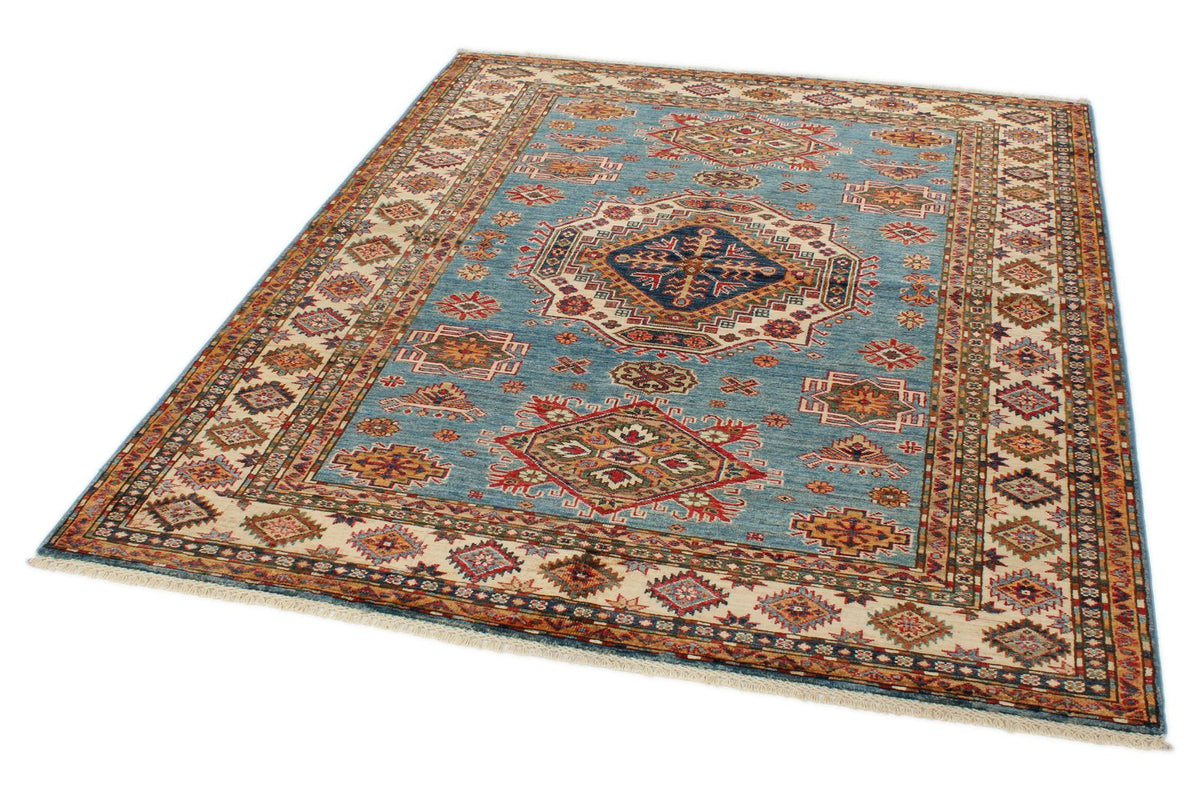5x7 Blue and Ivory Kazak Tribal Rug