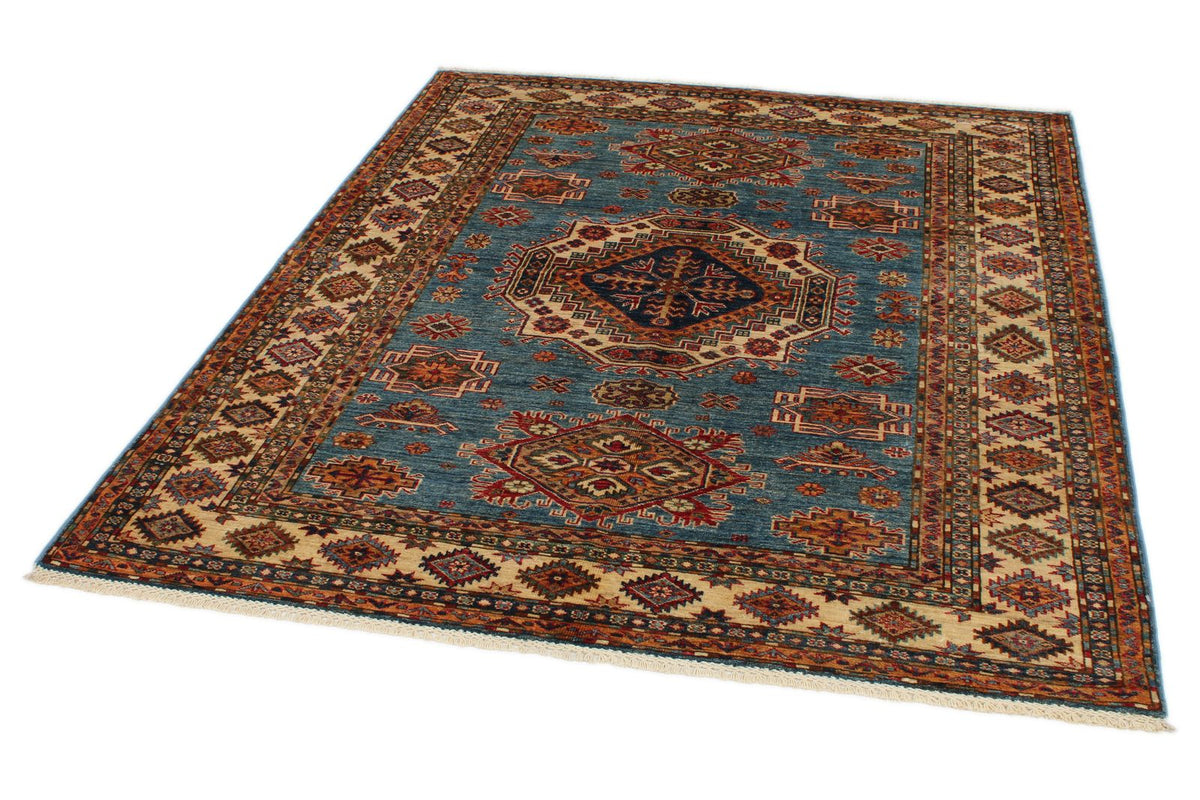 5x7 Blue and Ivory Kazak Tribal Rug
