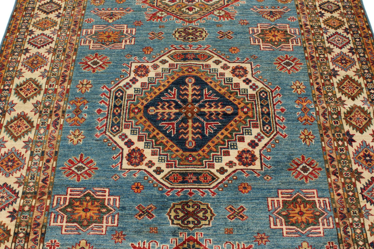 5x7 Blue and Ivory Kazak Tribal Rug