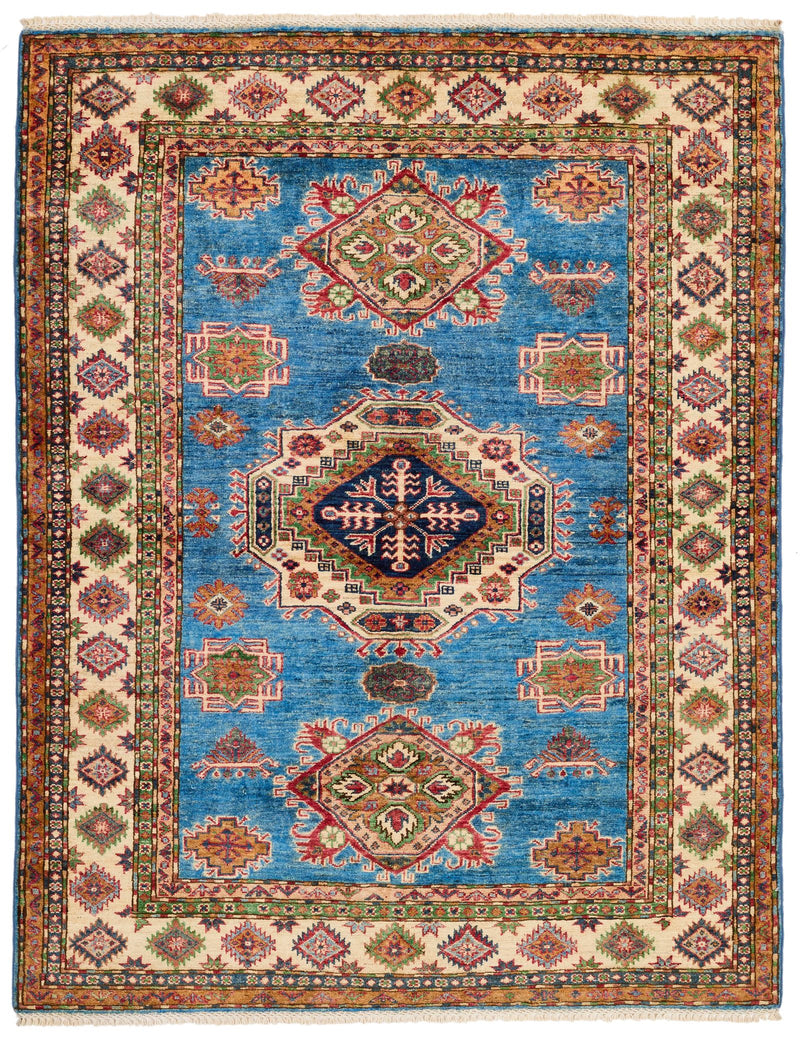 5x7 Light Blue and Ivory Kazak Tribal Rug