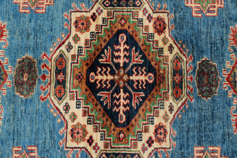 5x7 Light Blue and Ivory Kazak Tribal Rug