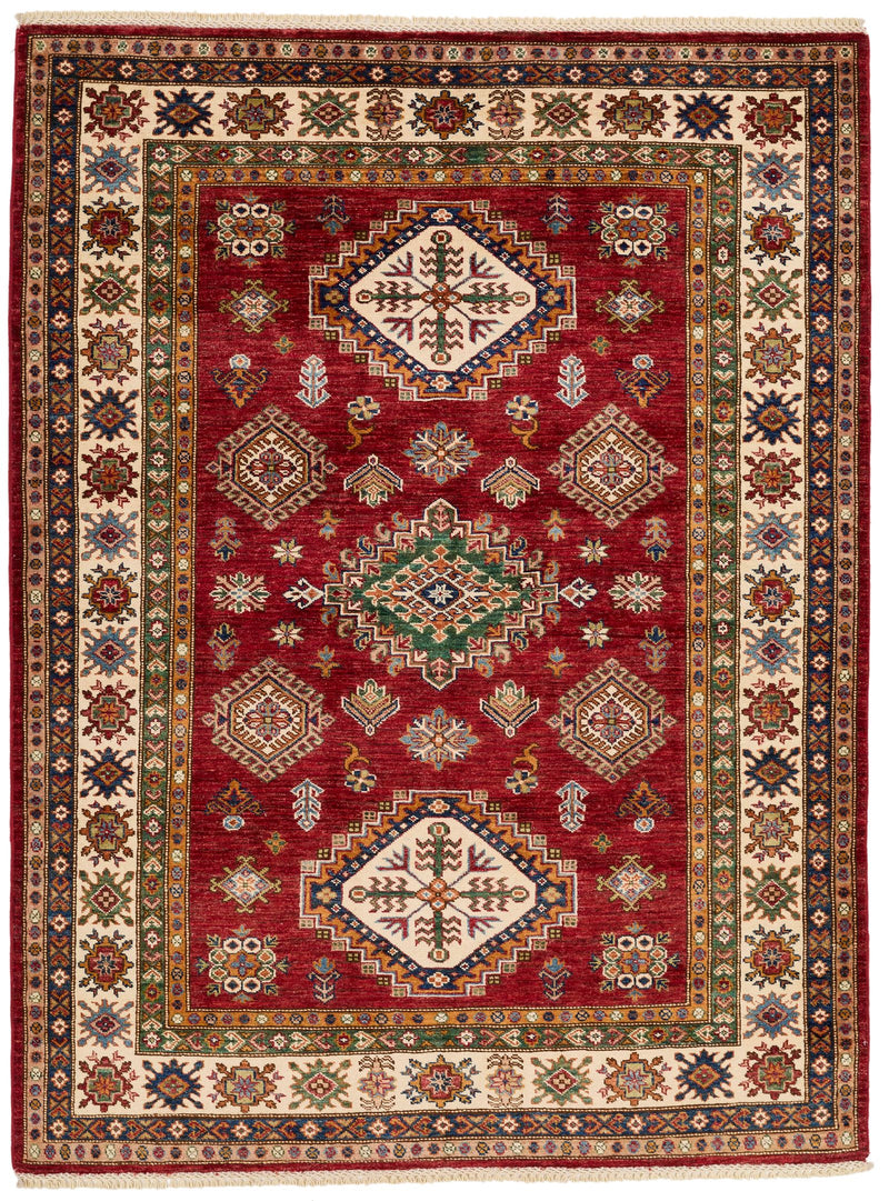 5x7 Red and Ivory Kazak Tribal Rug