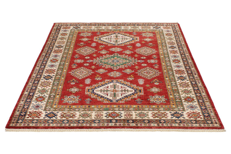 5x7 Red and Ivory Kazak Tribal Rug