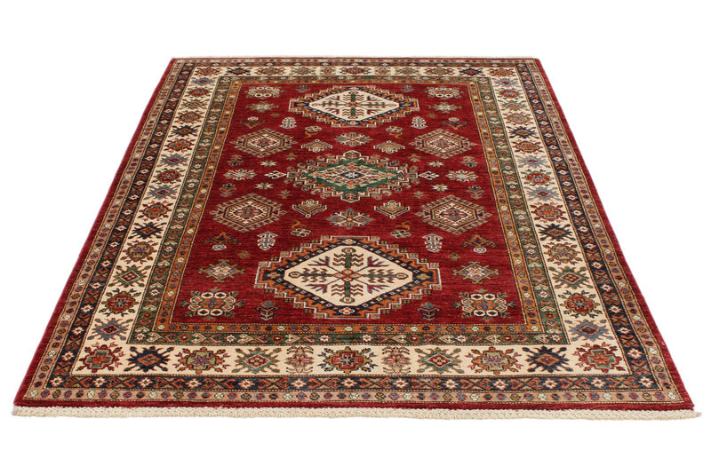 5x7 Red and Ivory Kazak Tribal Rug