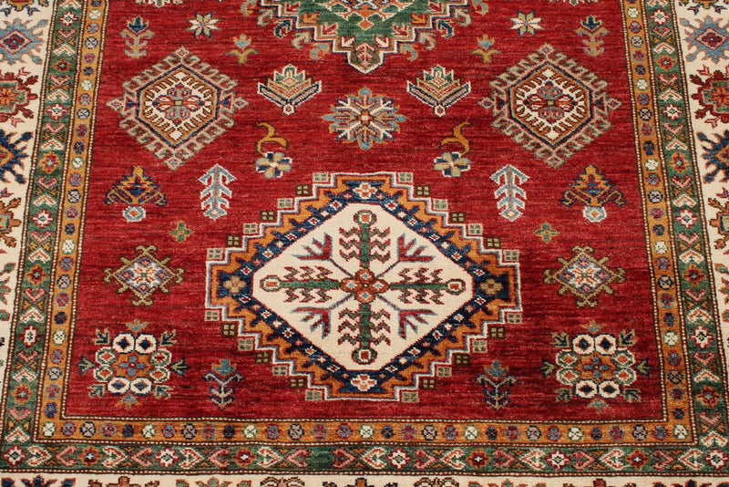 5x7 Red and Ivory Kazak Tribal Rug