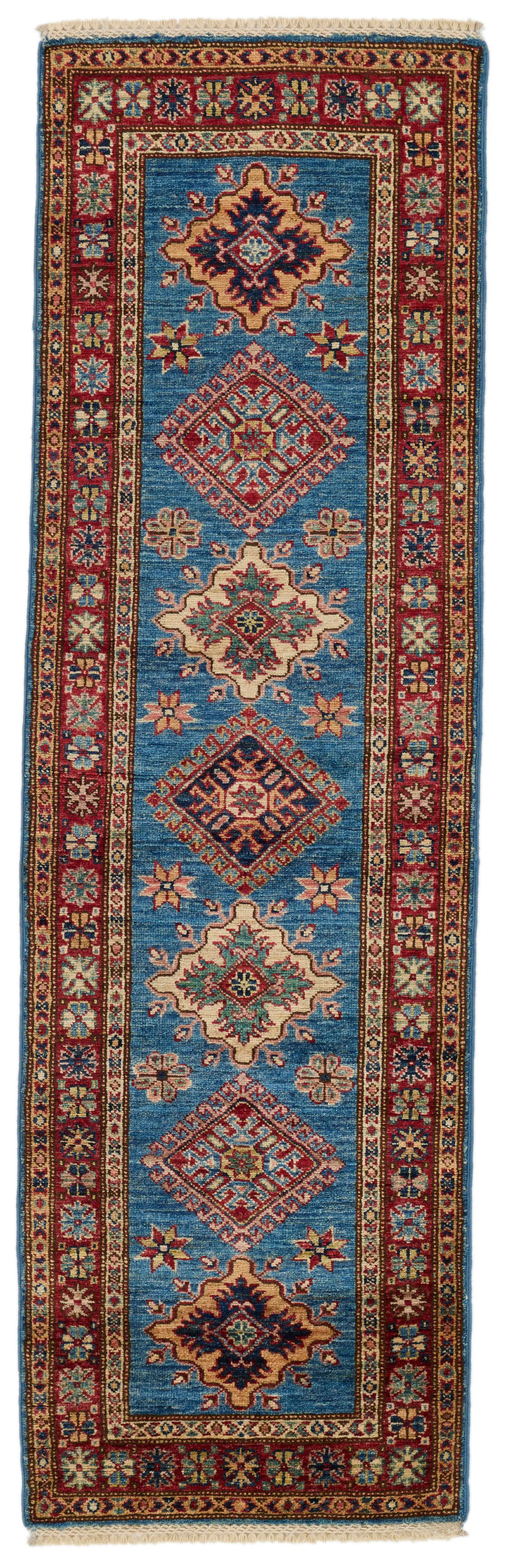 2x7 Light Blue and Red Kazak Tribal Runner