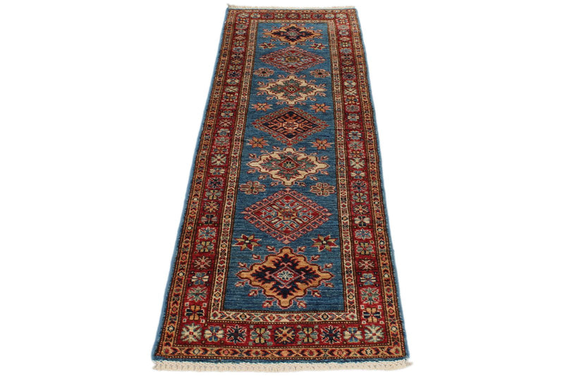 2x7 Light Blue and Red Kazak Tribal Runner