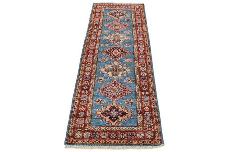 2x7 Light Blue and Red Kazak Tribal Runner
