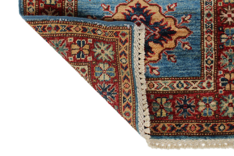 2x7 Light Blue and Red Kazak Tribal Runner