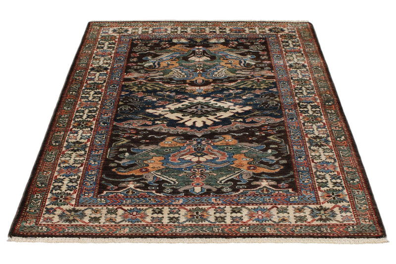 4x6 Brown and Ivory Kazak Tribal Rug