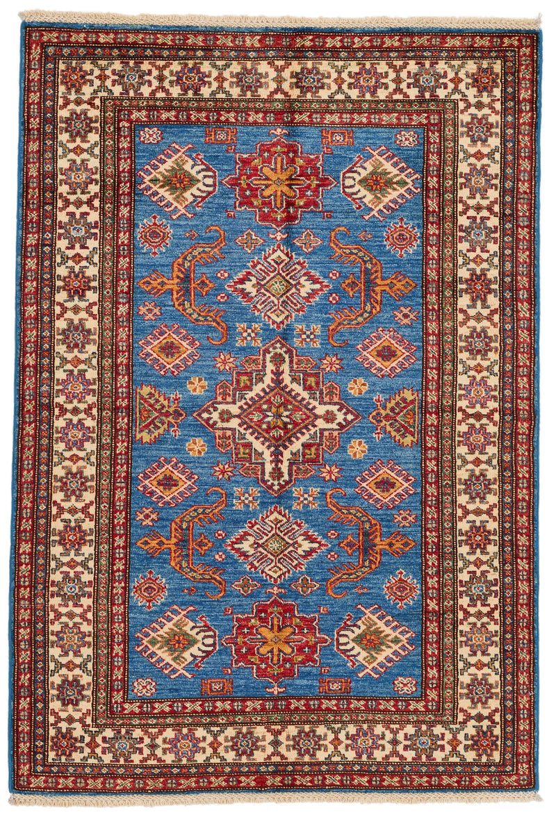 4x6 Blue and Ivory Kazak Tribal Rug