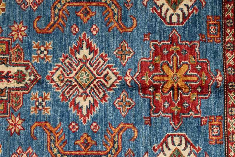 4x6 Blue and Ivory Kazak Tribal Rug