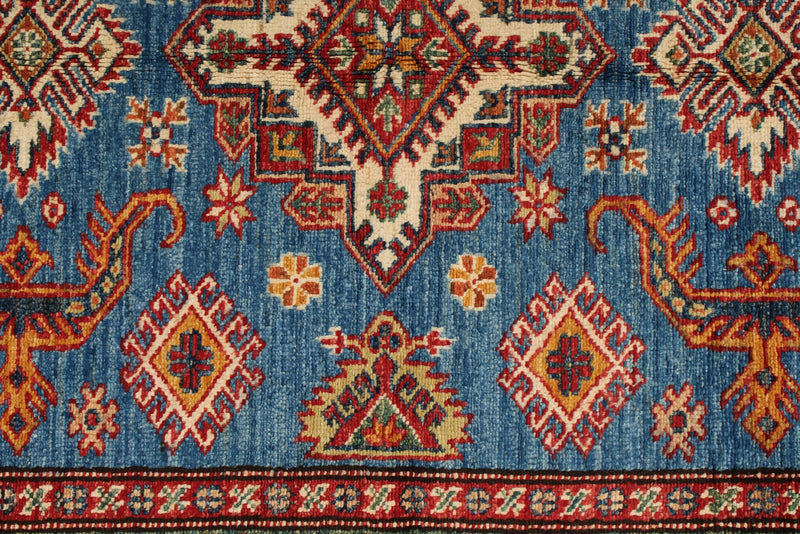 4x6 Blue and Ivory Kazak Tribal Rug