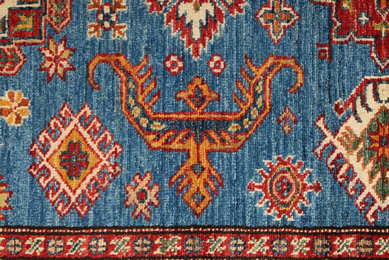 4x6 Blue and Ivory Kazak Tribal Rug