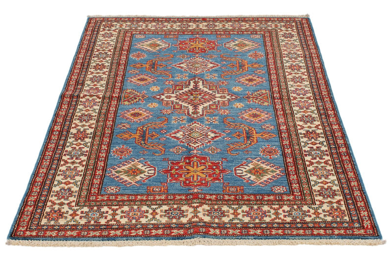 4x6 Blue and Ivory Kazak Tribal Rug