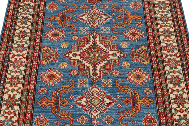 4x6 Blue and Ivory Kazak Tribal Rug