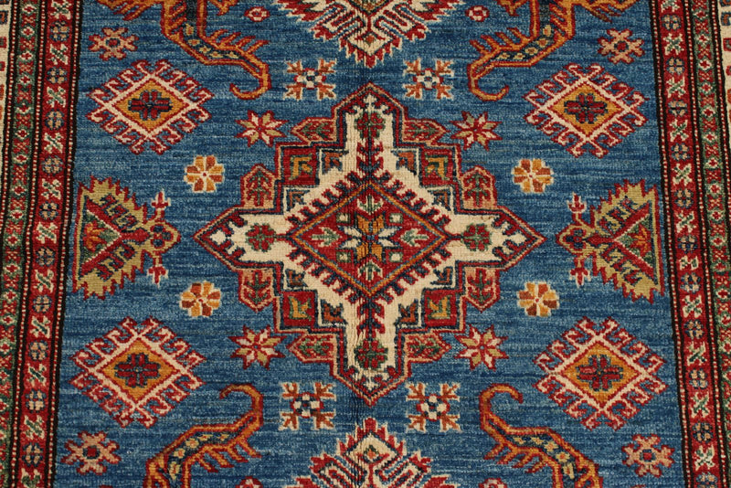 4x6 Blue and Ivory Kazak Tribal Rug