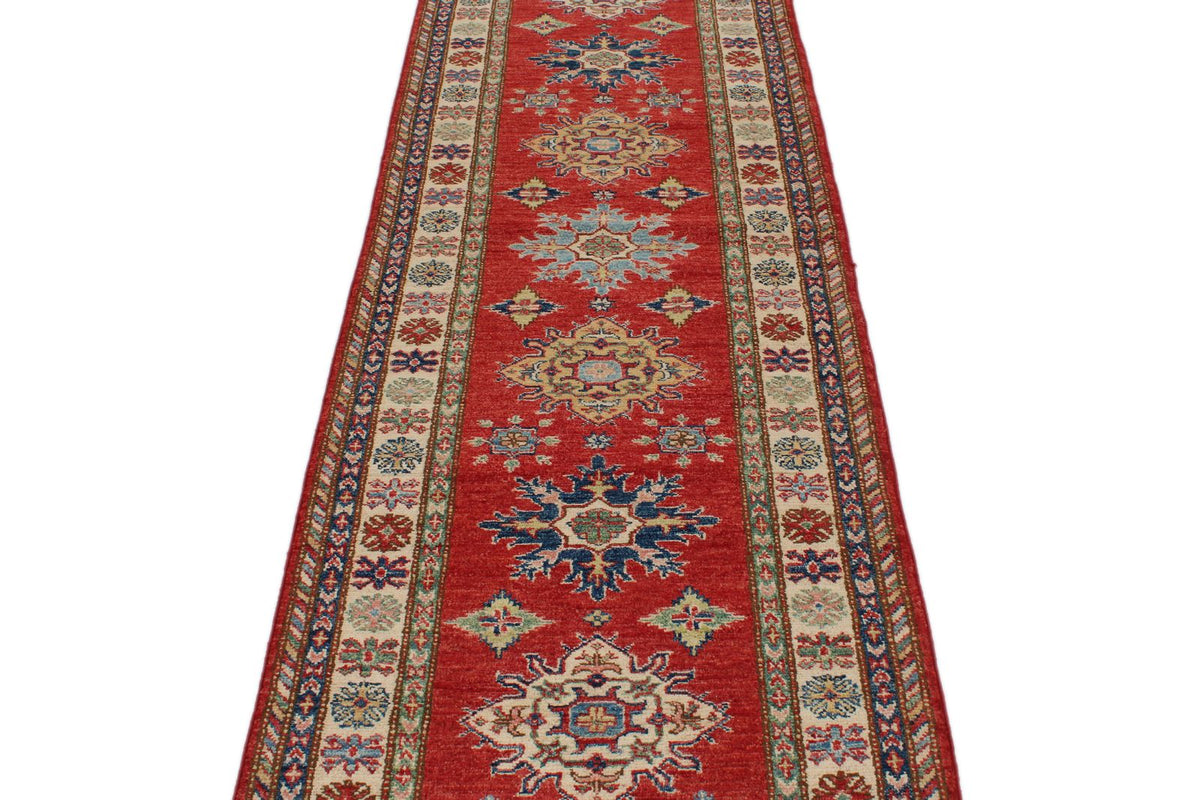 3x10 Red and Ivory Kazak Tribal Runner