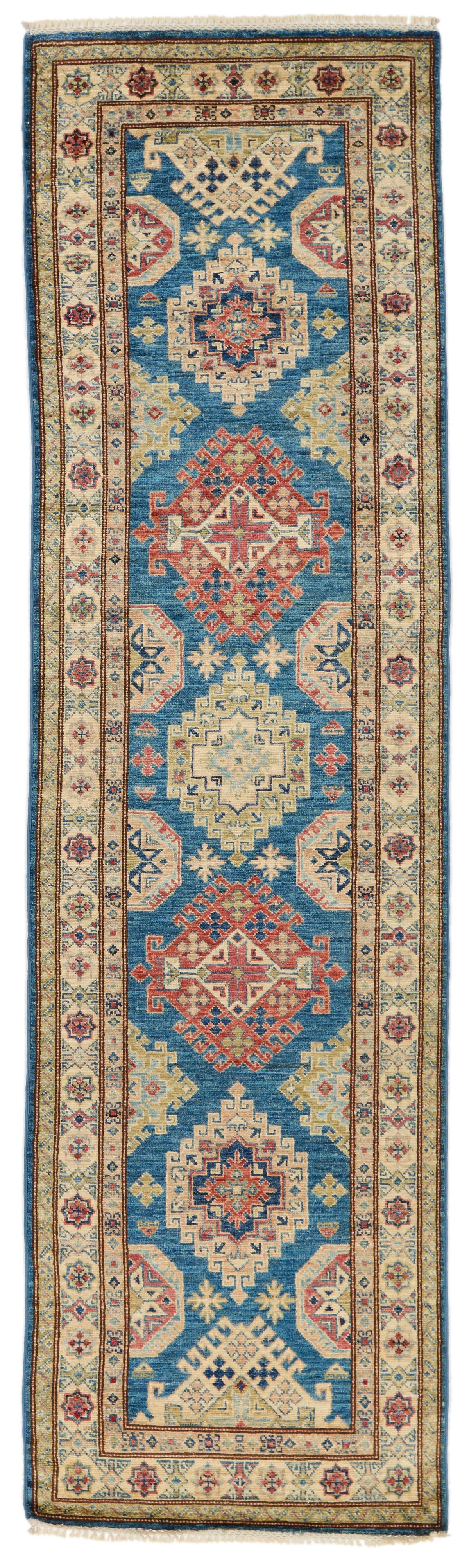 3x10 Blue and Ivory Kazak Tribal Runner