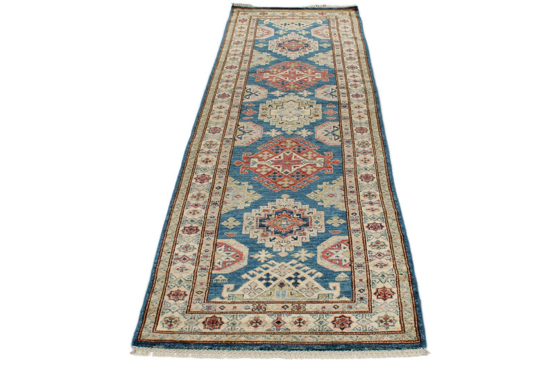 3x10 Blue and Ivory Kazak Tribal Runner
