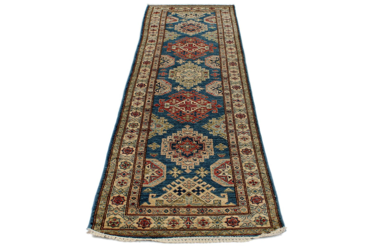 3x10 Blue and Ivory Kazak Tribal Runner