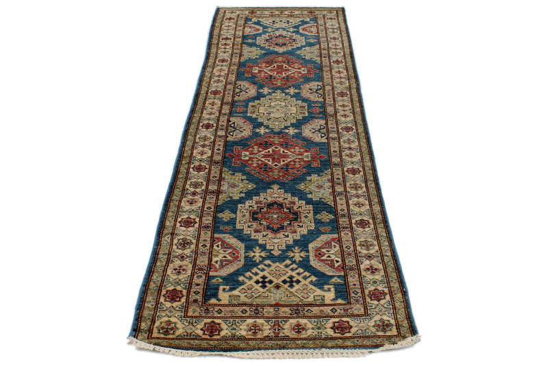 3x10 Blue and Ivory Kazak Tribal Runner