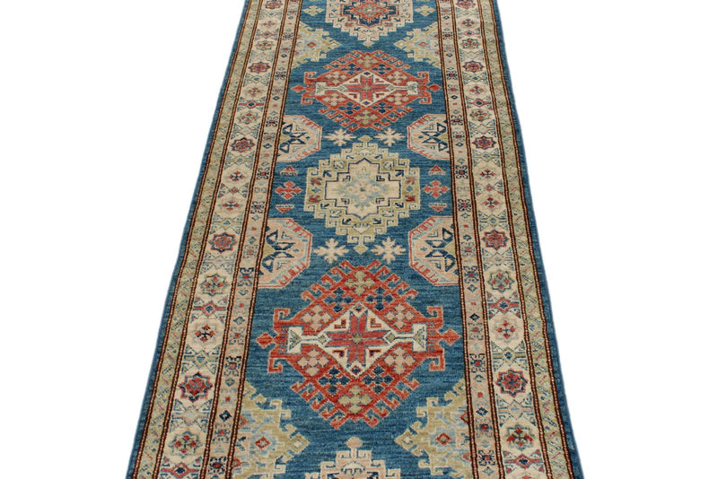 3x10 Blue and Ivory Kazak Tribal Runner