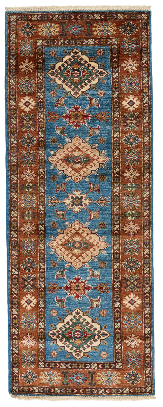 3x7 Blue and Rust Kazak Tribal Runner