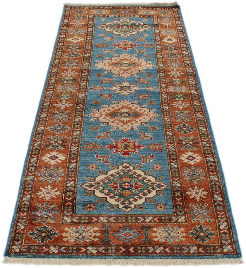3x7 Blue and Rust Kazak Tribal Runner