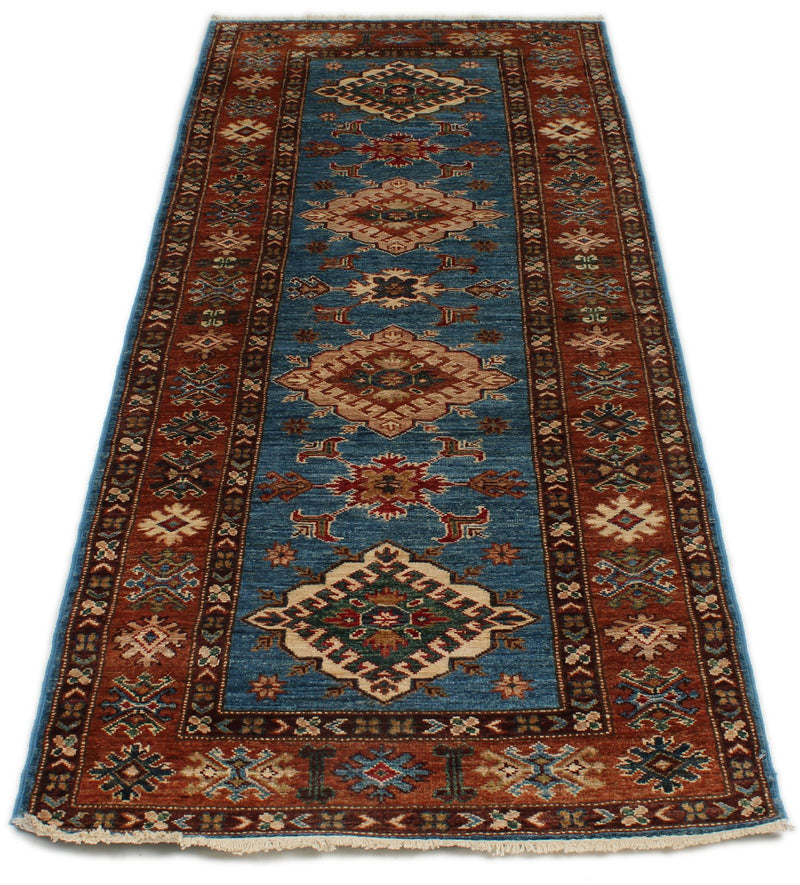 3x7 Blue and Rust Kazak Tribal Runner