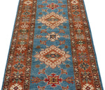 3x7 Blue and Rust Kazak Tribal Runner