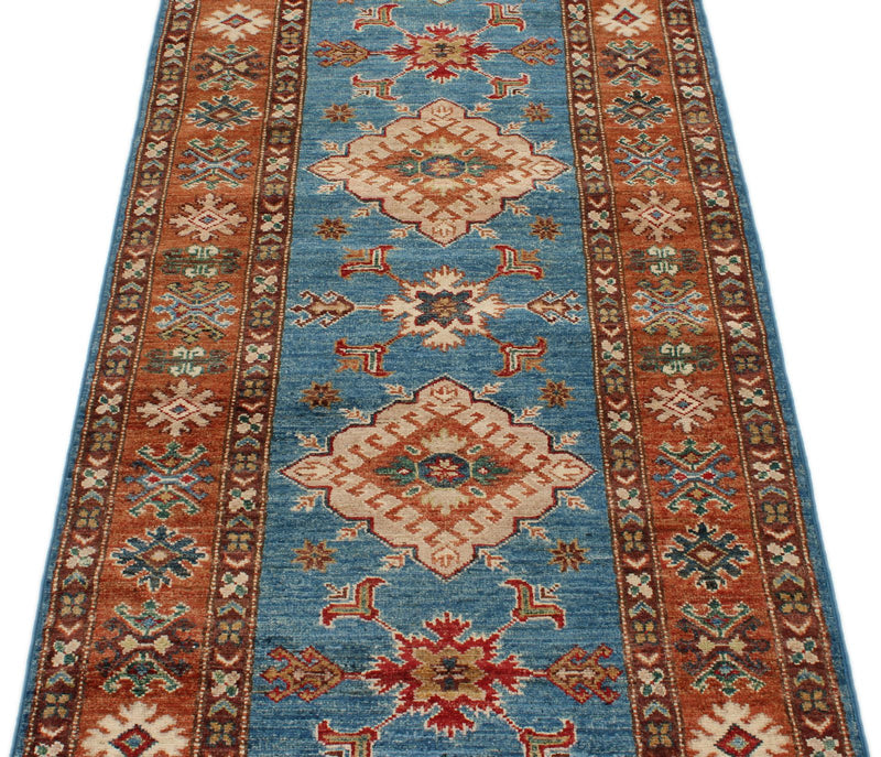 3x7 Blue and Rust Kazak Tribal Runner