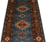 3x7 Blue and Rust Kazak Tribal Runner