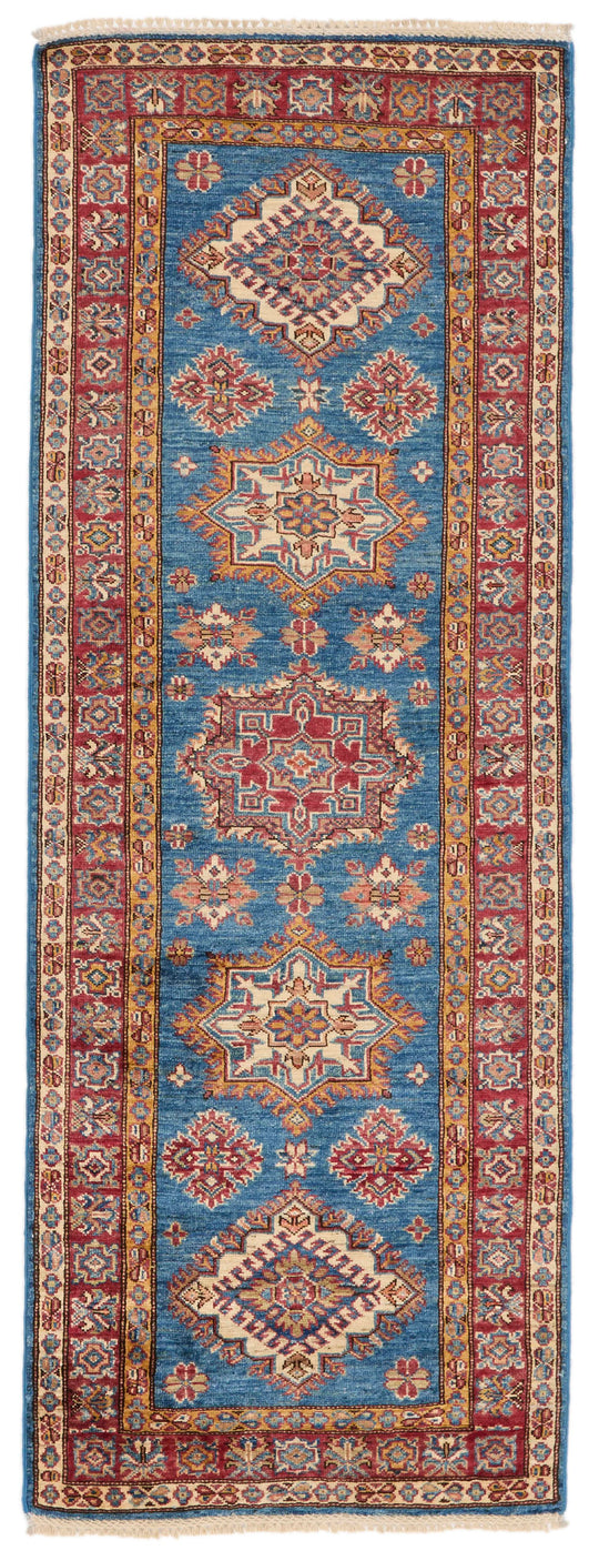 3x7 Light Blue and Red Kazak Tribal Runner