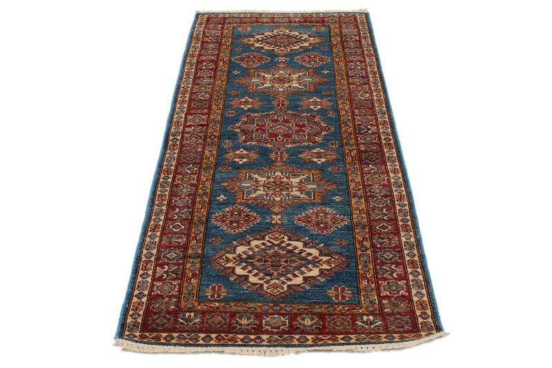 3x7 Light Blue and Red Kazak Tribal Runner