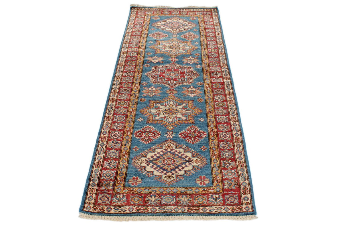3x7 Light Blue and Red Kazak Tribal Runner
