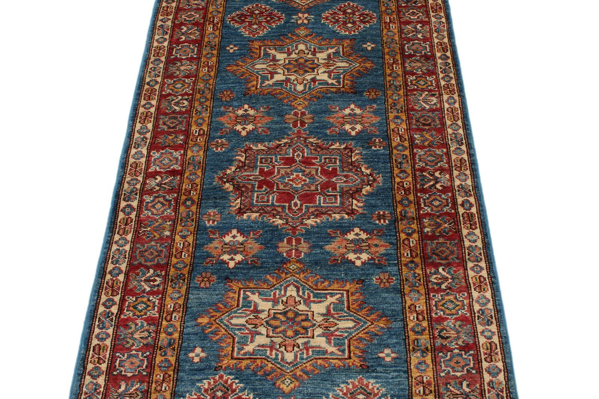 3x7 Light Blue and Red Kazak Tribal Runner