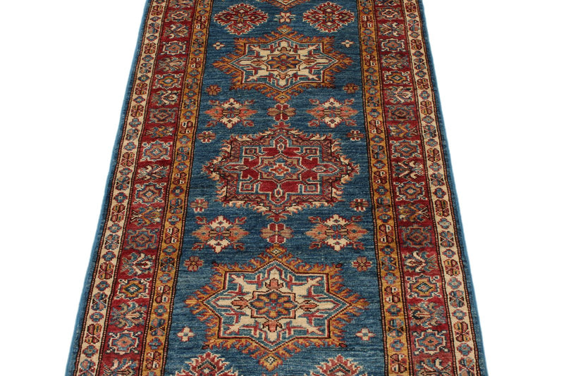 3x7 Light Blue and Red Kazak Tribal Runner