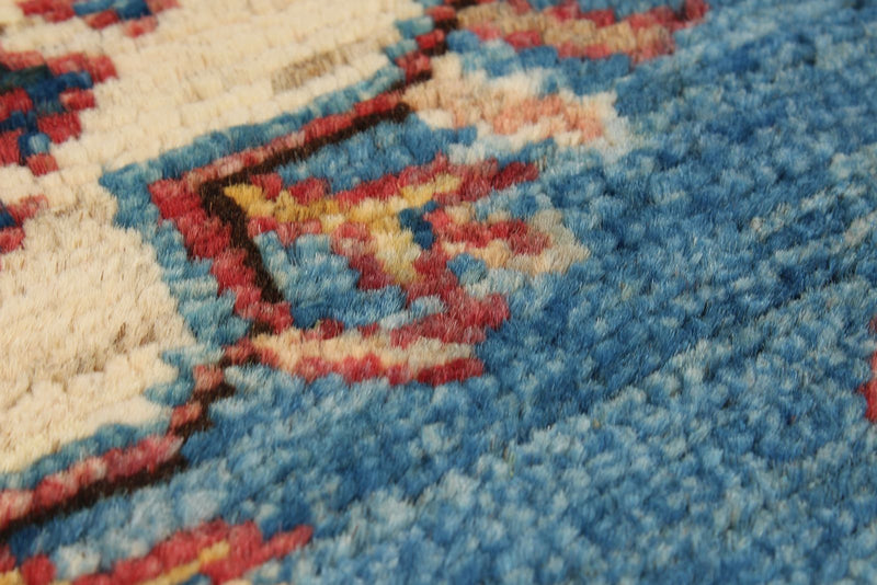 3x7 Light Blue and Red Kazak Tribal Runner