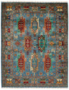 5x7 Light Blue and Multicolor Turkish Tribal Rug