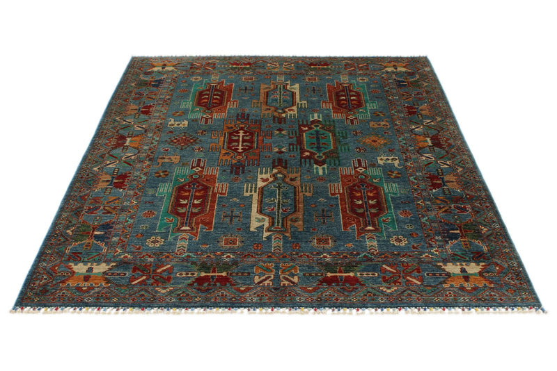 5x7 Light Blue and Multicolor Turkish Tribal Rug