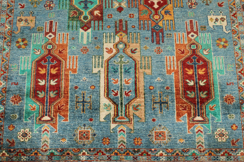 5x7 Light Blue and Multicolor Turkish Tribal Rug