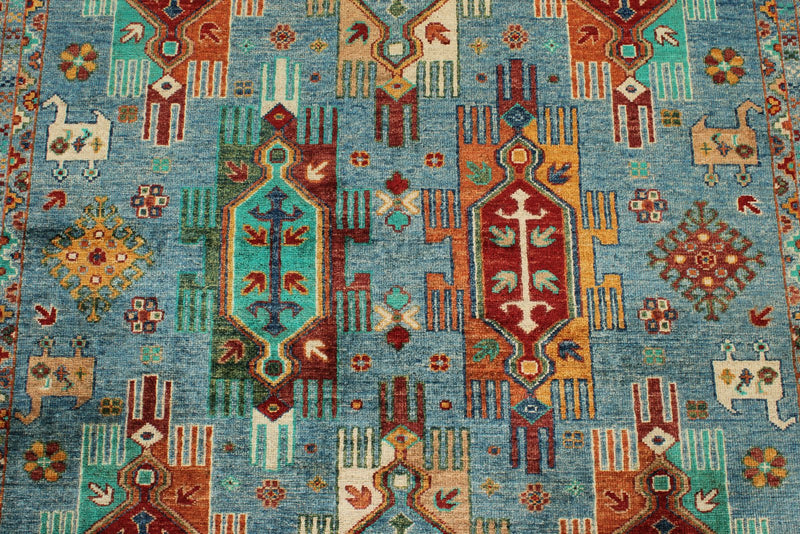 5x7 Light Blue and Multicolor Turkish Tribal Rug