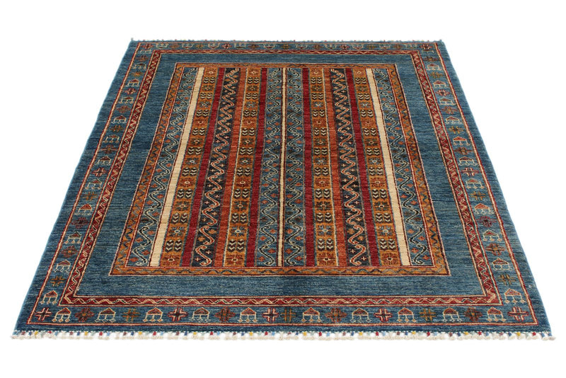 4x6 Multicolor and Light Blue Turkish Tribal Rug