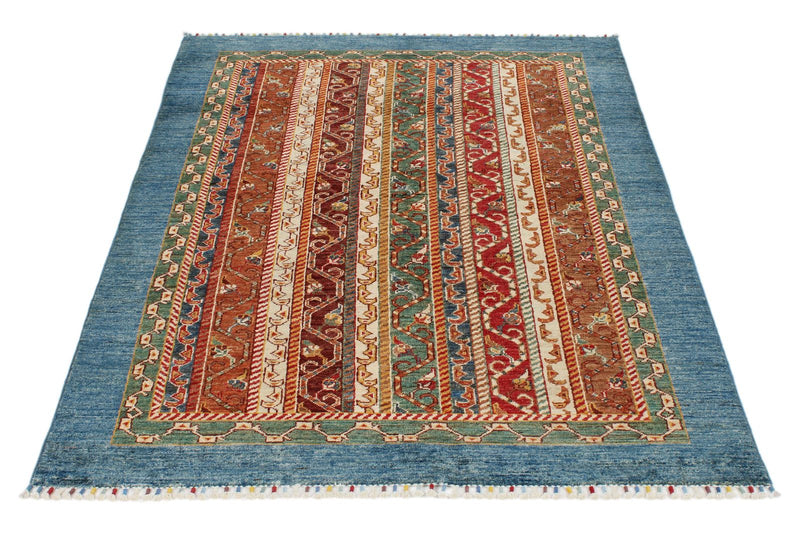 4x6 Multicolor and Light Blue Turkish Tribal Rug