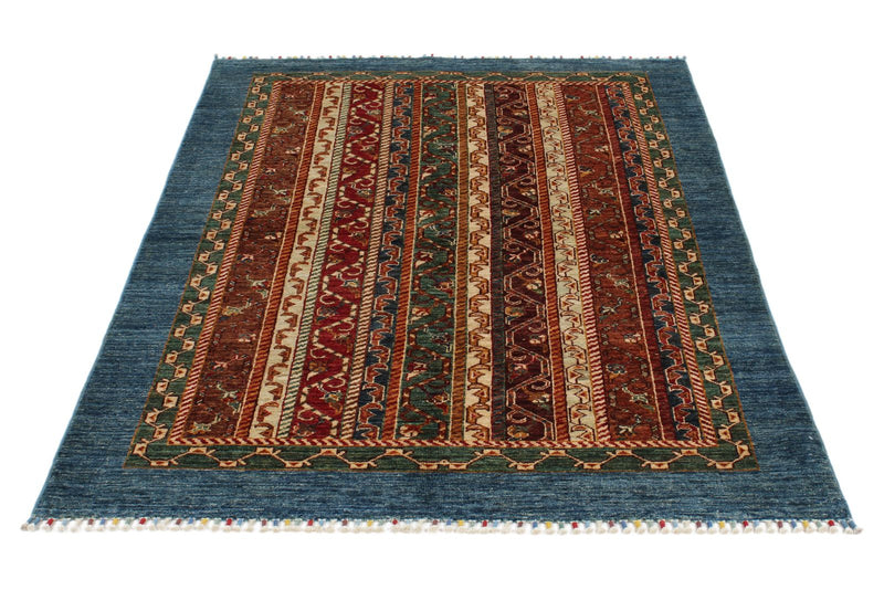 4x6 Multicolor and Light Blue Turkish Tribal Rug