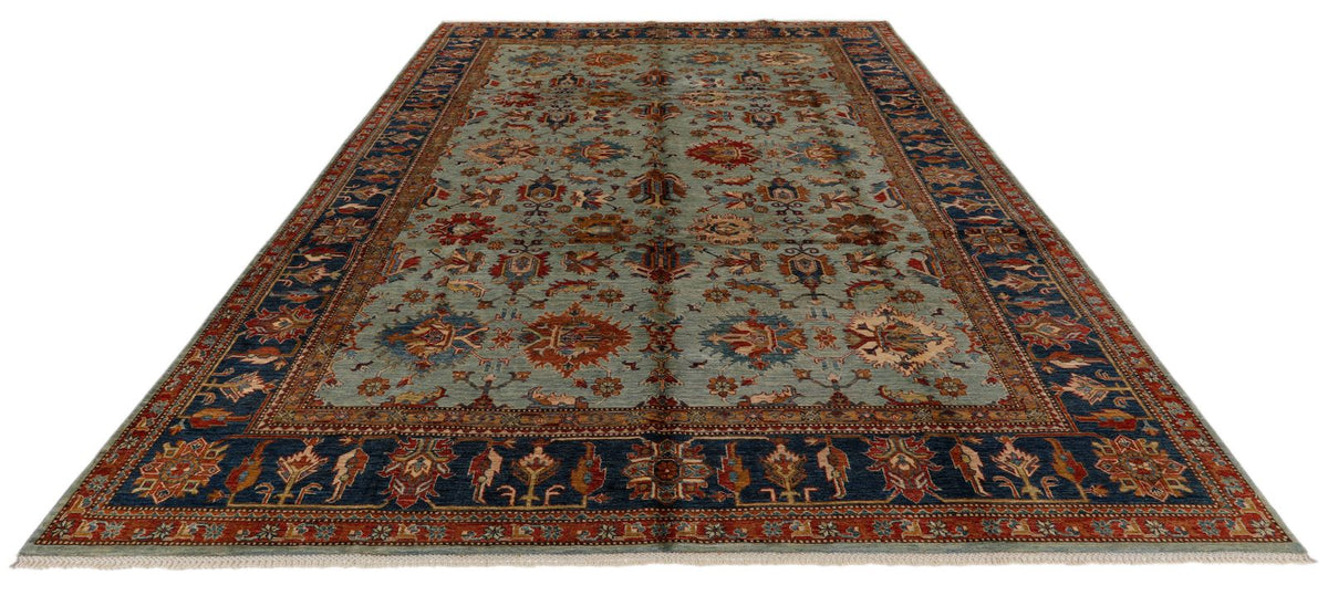 9x12 Light Green and Blue Kazak Tribal Rug