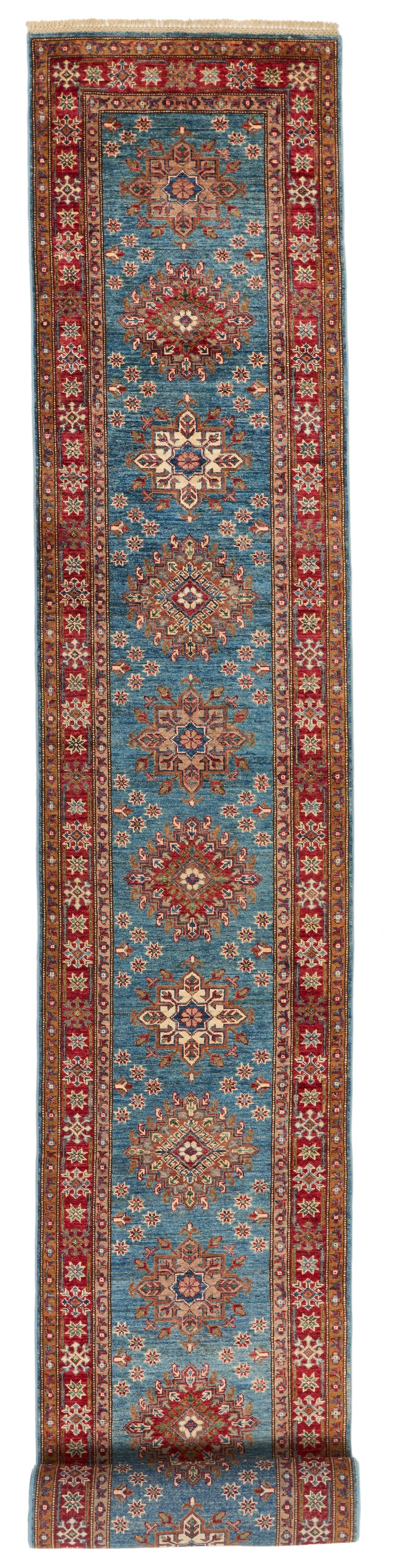 3x29 Light Blue and Red Kazak Tribal Runner